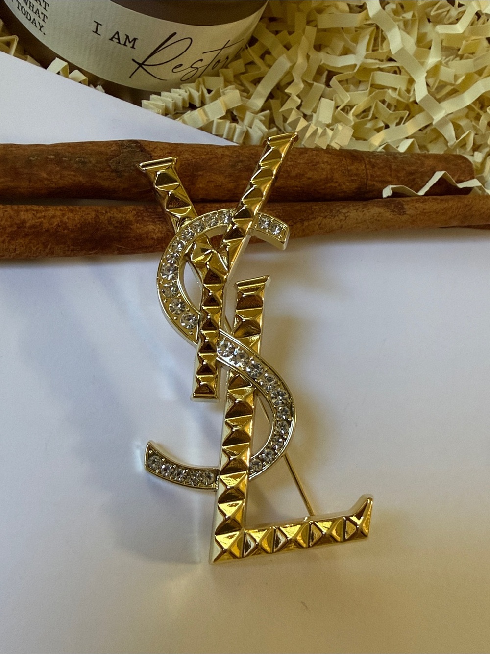 Fashion Jewelry Gold Crystal Logo Pin - Brooch